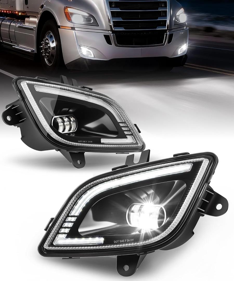 Partsam Pair Fog Lights Lamps for Freightliner Cascadia 2018-2024, DOT Approved DRL Clear Lens Black Housing Driver & Passenger Side IP65 Waterproof/w Plug/12V