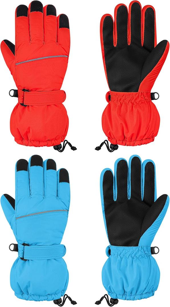 Cooraby 2 Pairs Kids Snow Ski Gloves Winter Waterproof Warm Gloves for Boys Girls Cold Weather Outdoor (9-12 Years, Blue, Red)