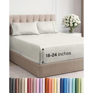 Extra Deep Pocket Full Sheets - 4 Piece Breathable & Cooling Bed Sheets - Hotel Luxury Bed Sheet Set - Soft, Wrinkle Free & Comfy - Easily Fits Extra Deep Mattresses - Deep Pocket Beige Striped Sheets