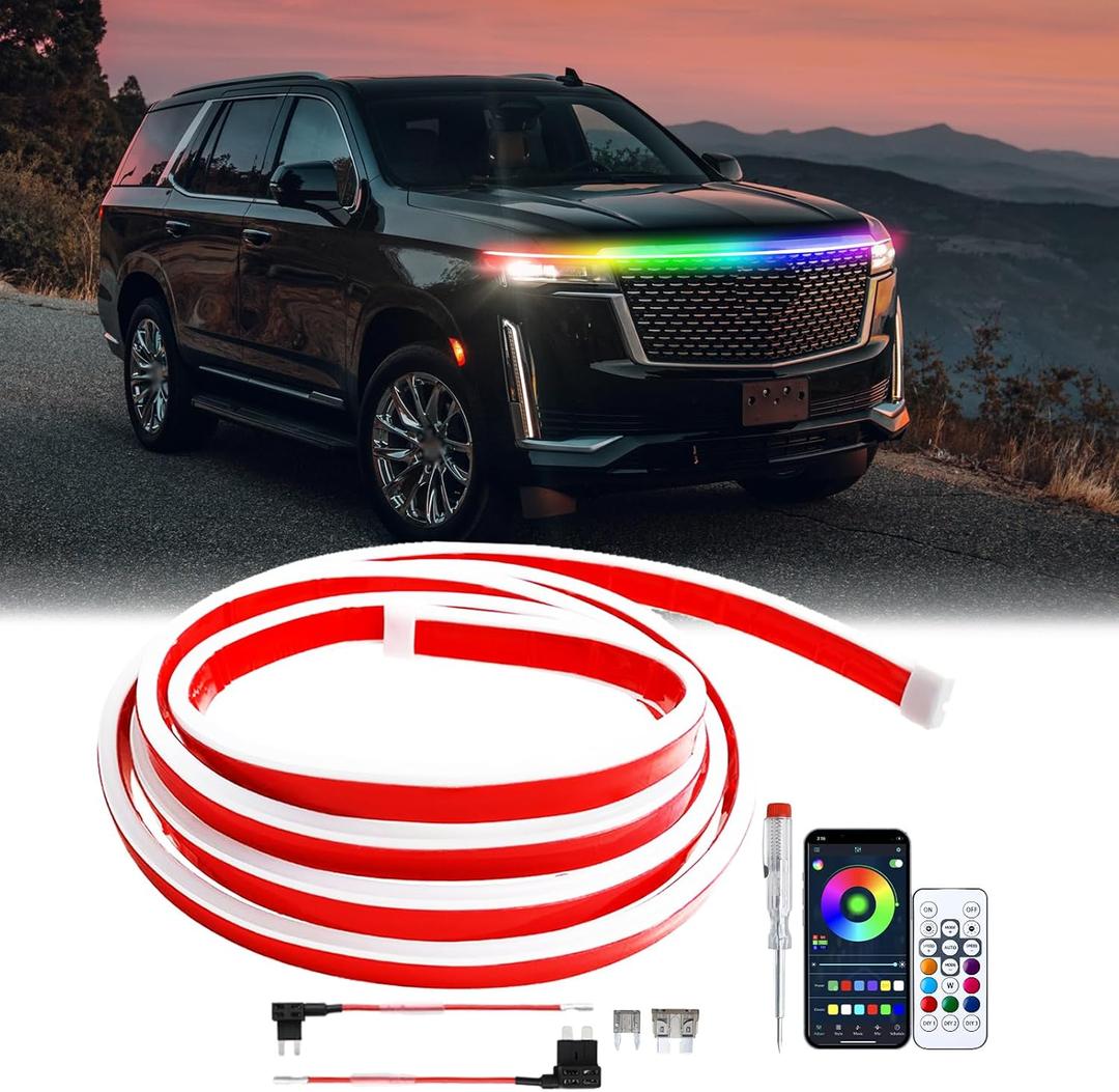RGB Hood Light Strip DRL Car Led Lights Exterior IP68 Waterproof Multicolor Dynamic Scan Start Up Hoodbeam Kit Lights Compatible with Cadillac,Truck,SUV,APP Control,12V 94.5inches