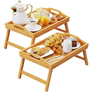 2 Pack Breakfast in Bed Tray for Eating, 16.92 x 12.6 Inch Bed Table Tray with Folding Legs & Handles, Bamboo Food Lap Trays Fits for Adult Kids Eating/TV/Surgery Recovery by Easoger Set of 2