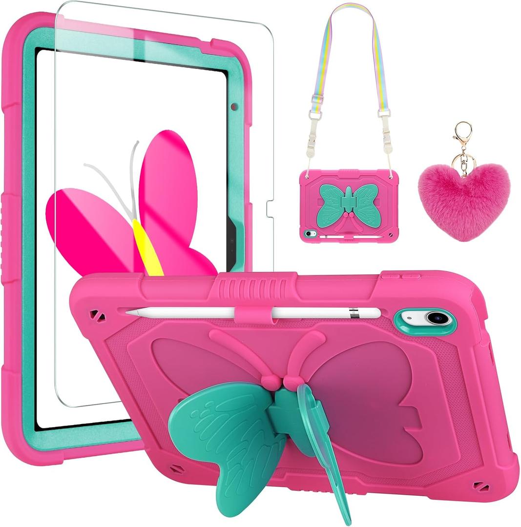 WESADN for iPad 10th Generation Case 2022 for Kids Girls with Screen Protector/Butterfly Kickstand/Lanyard/Keychain/Pencil Holder Shockproof Rugged Tablet Cover for iPad 10th Gen 10.9'' Rose Red