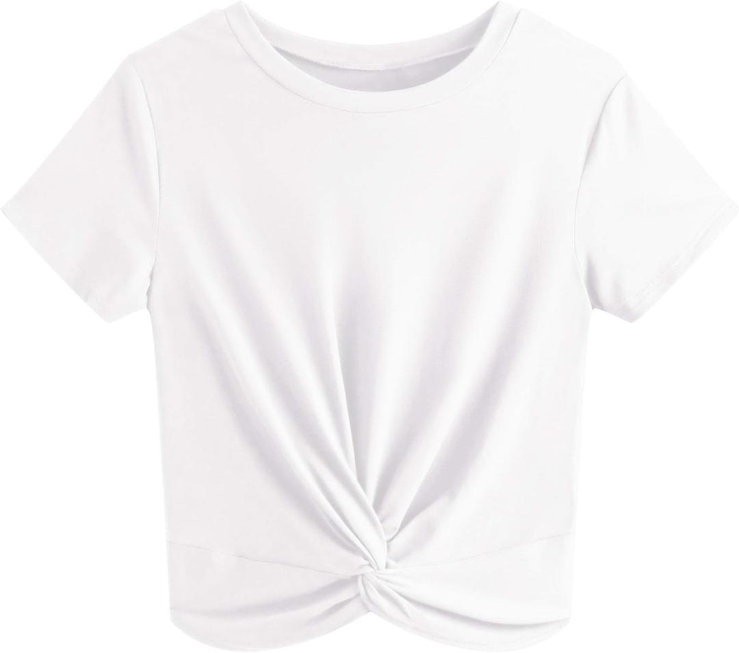 JINKESI Women's Summer Causal Short Sleeve Blouse Round Neck Crop Tops Twist Front Tee T-Shirt (Large)