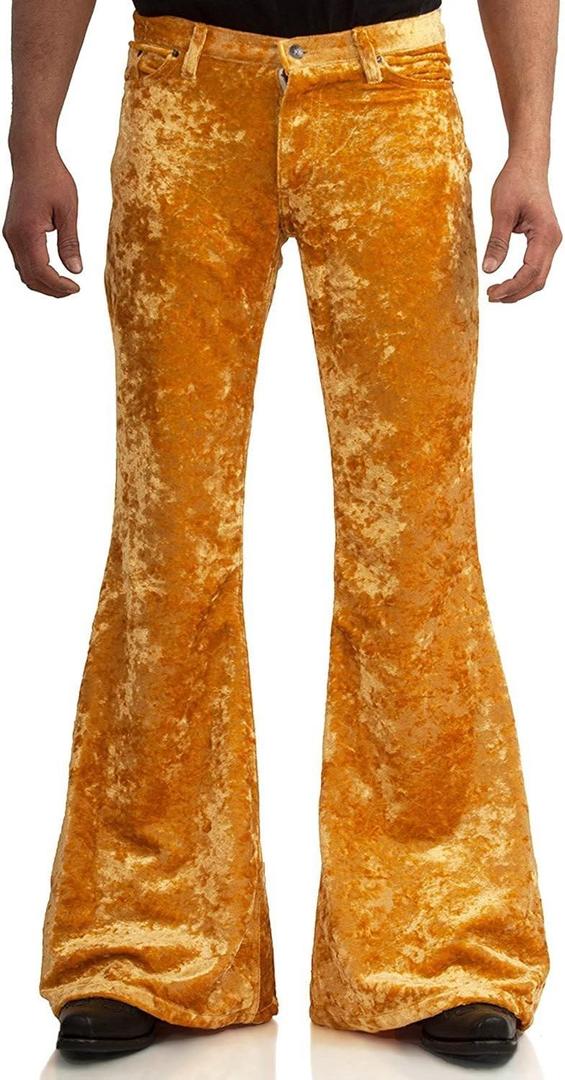 Men's Velvet Relaxed Vintage 60s 70s Bell Bottom Stretch Fit Classic Comfort Flared Flares Retro Leg Disco Pants (Gold)