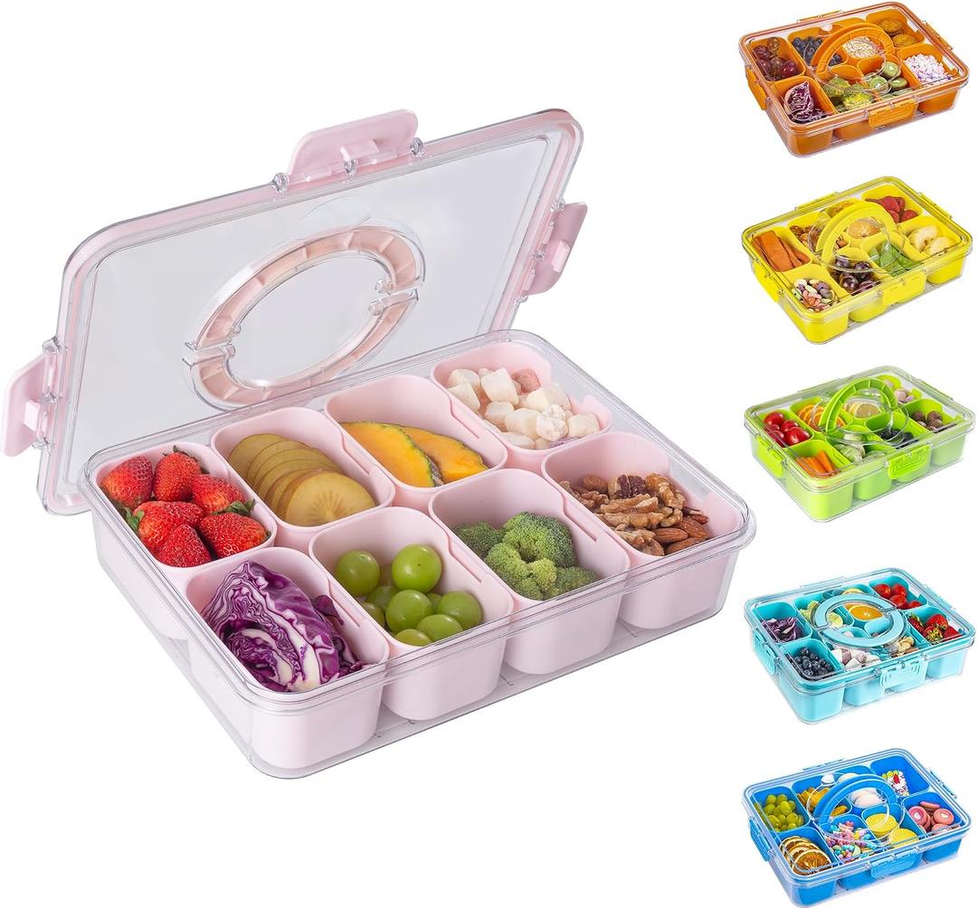 WACOI Divided Snack Serving Tray with Lid and Handle Travel Snackle Charcuterie Container Portable Storage Organizer for Candy, Fruits, Nuts, Snacks, Party, Picnic (Pack of 1, Pink)