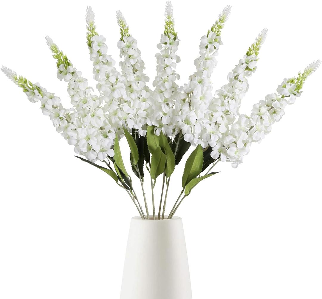 IPOPU 8PCS White Snapdragon Artificial Flowers Delphinium Artificial Silk Flowers Long Stem Hyacinth Fake Flowers for Wedding Home Outdoor Party Floral Arrangement Centerpiece Table Decoration (White)