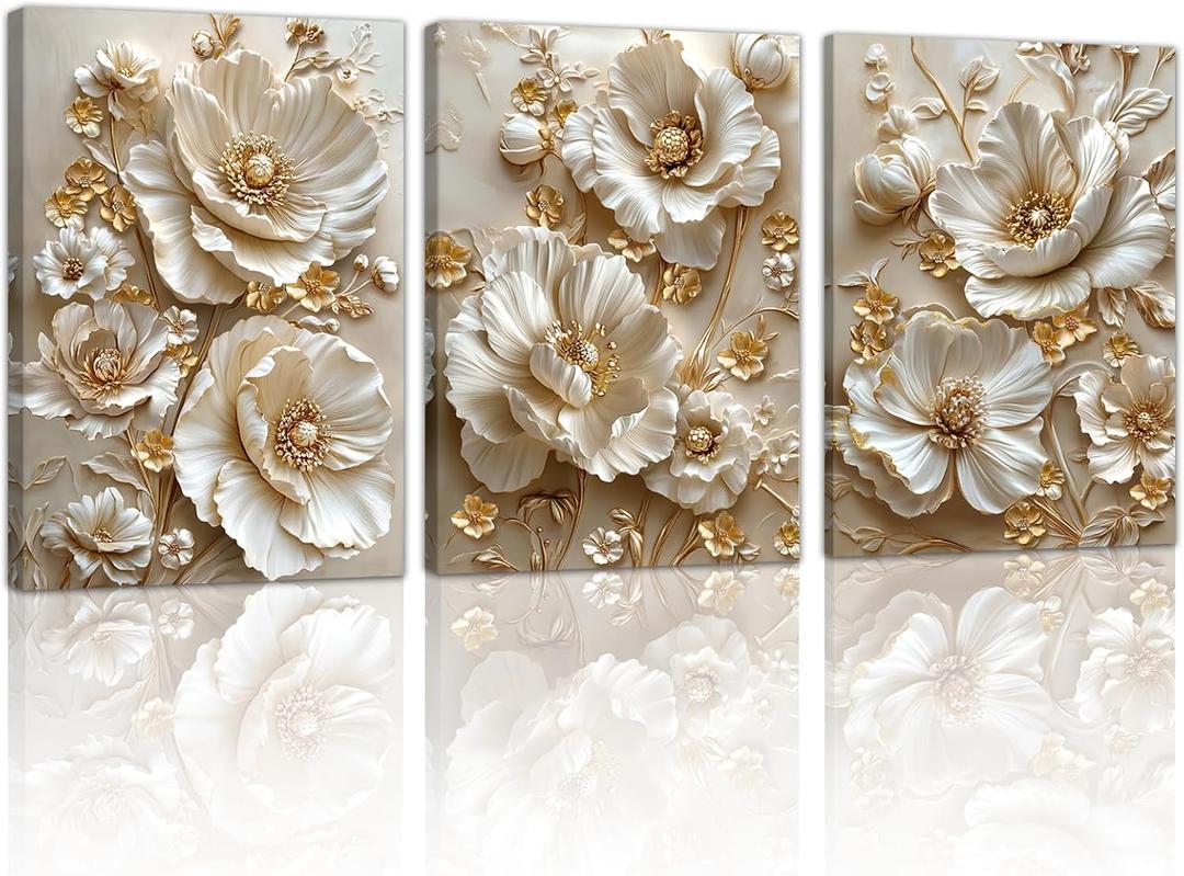 3 Pcs Modern Beige Gold Peony Floral Canvas Wall Art, Neutral Elegant 3d Beige Flowers Wall Painting White Blooming Floral Pictures Posters Art Print Home Decor for Bedroom Living Room Office 20"x28"x3