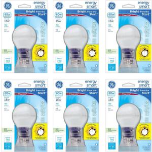 Pack of 6 GE 15W CFL Energy Smart Bulb Equivalent to 60W Daylight Cool Color Tone A19, Standard Medium E26 Base