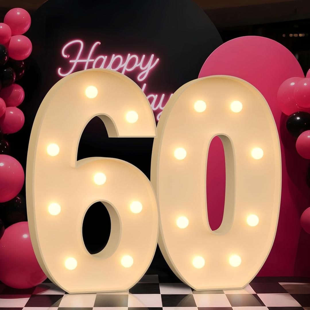 Tongjoy Light up Numbers 60, 3FT Giant Marquee Numbers for 60 Birthday Decoration, Large Light Up 60 for Anniversary Party Decor Birthday Sign, Pre-Cut Foamboad Mosaic DIY
