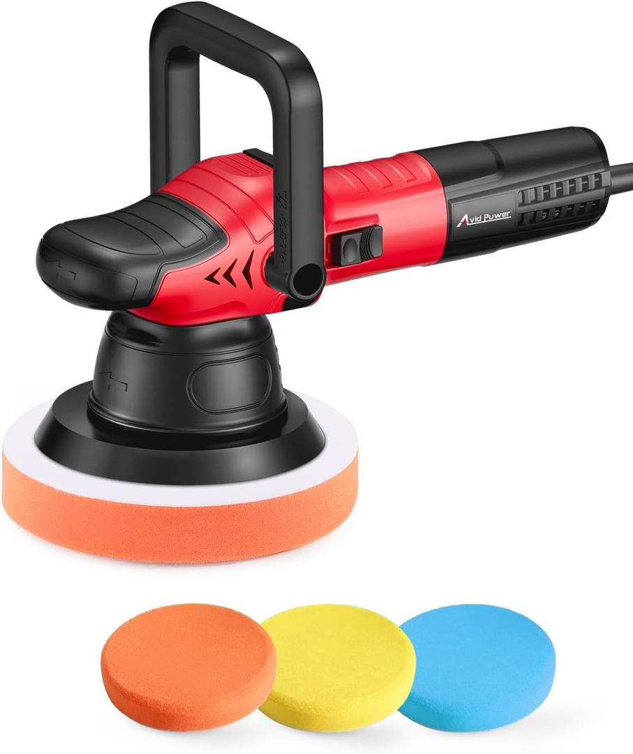 AVID POWER Dual Action Car Buffer Polisher, 6 Inch Orbital Polisher for Car Detailing with 6 Variable Speeds, Detachable Handle & 3 Polishing Pads (5-light Red)