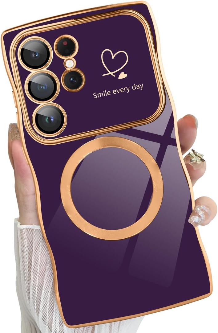 Fiyart Cute Magnetic Wave Frame Curly Shape for Samsung Galaxy S24 Ultra Case with Screen Protector, Luxury Plating Shockproof Phone Case for Women Girls for Samsung Galaxy S24 Ultra,Dark Purple