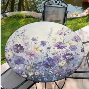 Round Tablecloth with Elastic Edge, 36-60Inch Waterproof Table Cloth for Dinner, Outdoor, Picnic, 60inch, Purple Flower