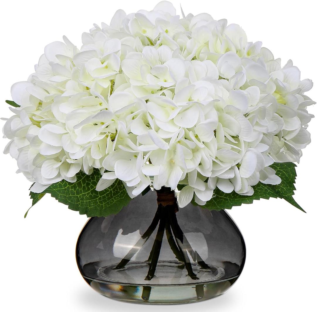 Hollyone Hydrangea Artificial Flowers with Glass Vase White Silk Faux Flowers Arrangements with Faux Water Fake Floral Bulk Bouquet for Home Decor Table Centerpiece Decorations