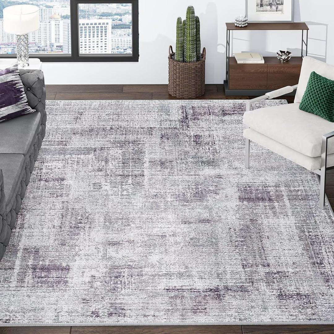 Eleisa Modern Abstract 9x12 Area Rug, Non-Slip Stain Resistant Washable Rug, Purple & Grey Large Rug for Living Room, Abstract Vintage Carpet for Bedroom, Kitchen, Dining Room, Home Office