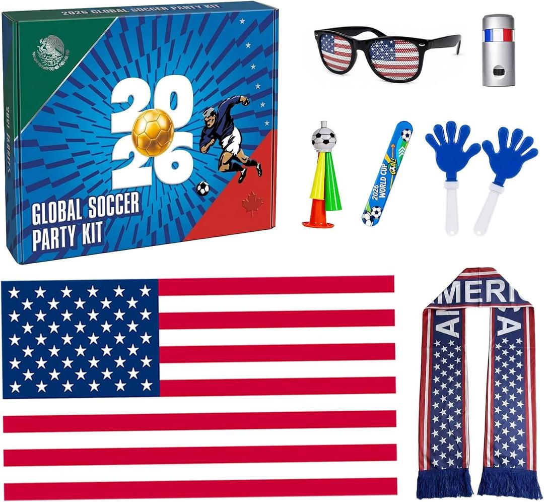 Soccer Fan Gear Set for 2026 World Tournament, Soccer Party Favors Kit with Flag,Scarf, Face Paint, Clapper, Horn&Glasses,Supporter Accessories for Game Day, Sports Event, Gift