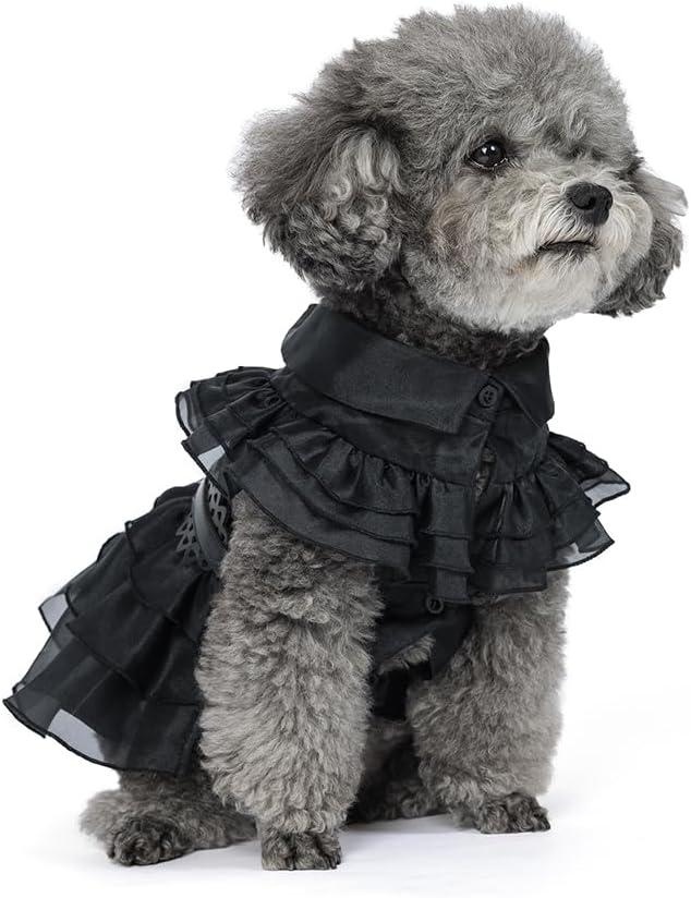 Pet Dog Cat Wednesday Dress Addams Costume Cosplay Cute Puppy Kitten Black Coat Clothes with Belt Halloween Party Dress up Pretend Play for Small Medium Dogs L