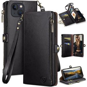 XcaseBar for iPhone 14 6.1" case with Zipper RFID Blocking Credit Card Holder, Flip Folio Book PU Leather Phone case Shockproof Cover Women Men for Apple 14 Wallet case Black