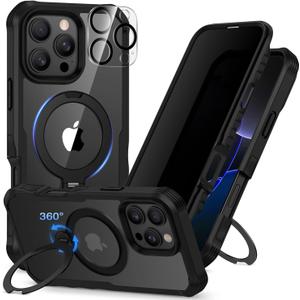 CENHUFO Privacy for iPhone 16 Pro Case [Compatible with Magsafe] Full Body Phone Case Built-in 9H Tempered Glass Privacy Screen Protector and 360 Spin Magnetic Stand Ring, Camera Lens Cover -Black