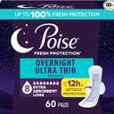 Poise Overnight Ultra Thin Incontinence & Postpartum Pads with Wings for Bladder Leaks, 8 Drop Extra Absorbent, Long Length, 60 Count (3 Packs of 20)