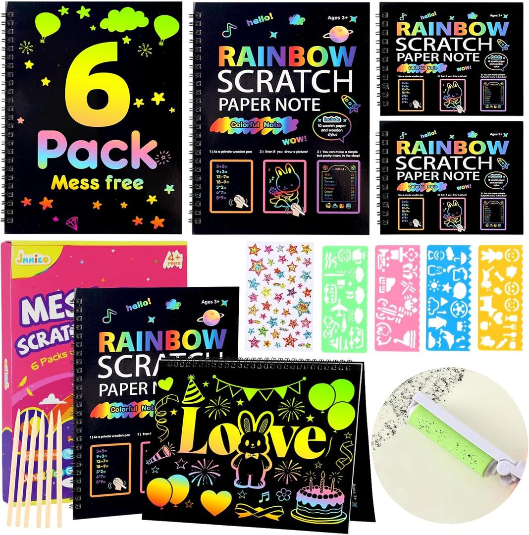 JMMICO 6 Packs Rainbow Scratch Notebook, Goodie Bags Stuffers for Kid, Scratch Art for Kids with Reusable Cleaner Tool, Arts and Crafts for Kids 4-8-12, Gifts for 4 5 6 7 8 9 Year Old Girl Boy