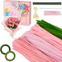 Muyuguit 400 Pcs Pipe Cleaners Craft Kit,Pink Pipe Cleaners Bulk for DIY Flower Bouquet,Multicolors Chenille Stems with Floral Wires, Gardening Tape, Stamen & Ribbon