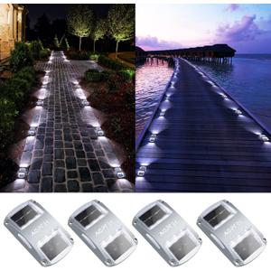 AGPTEK Solar Driveway Lights 4 Pack, Outdoor Deck Dock Marine LED Solar Powered Waterproof Driveway Marker Lights for Warning Step, Sidewalk, Pathway, Garden, Yard (White Light)