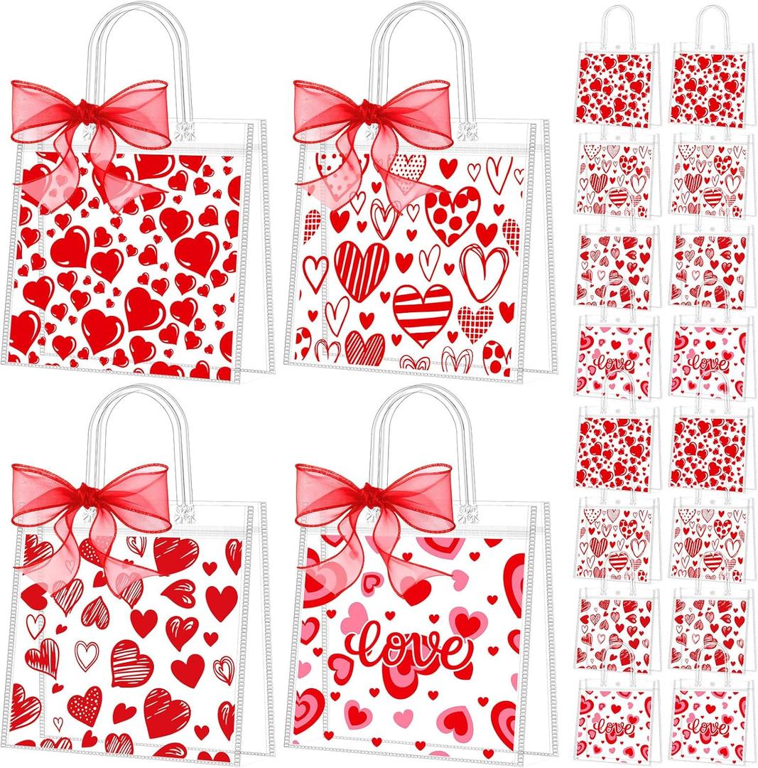 Kolldenn 48 Pcs Pink Bow Clear PVC Gift Bags with Handle Ribbon Reusable Bowknot Goodies Treats Totes Bulk for Birthday Wedding Baby Shower Party Supplies 5.9x6.3x2.8 Inch(Love Heart)
