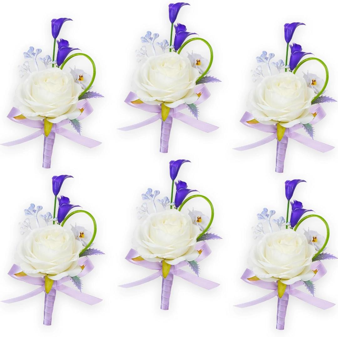 AuroraAria Snow White Boutonniere for Men,Set of 6,Groom Boutonniere for Wedding,Anniversary,Homecoming,Formal Dinner Party,Wedding Decor,Artificial Snow White Rose