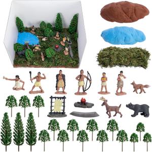 33 Pcs Native American Figurines Diorama Box Kit, Indian Figures Toys Model Diorama Project Set, American Indians Action Figurines Dioramas Supplies for DIY Crafts Historical Education School Project
