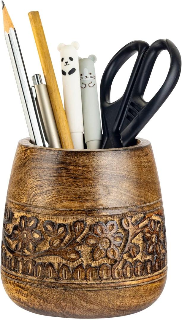 Mie Creations Designer Pencil Holder for Desk Wood | Wooden Pen Stand, Paintbrush Cup, Desk Accessories, Cute Make Up Brush Organizers | Office Desktop Stationery, Christmas Holidays Gift- 4'' Brown (Natural)
