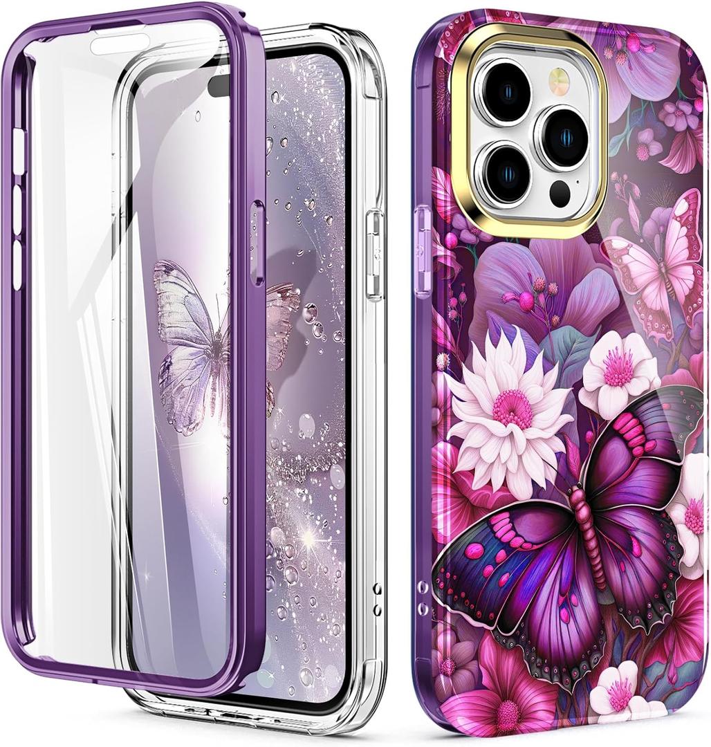 Cute Flower Case for iPhone 14 Pro 6.1 inch Built with Screen Protector, Lightweight and Stylish Full Body Shockproof Protective Rugged TPU Case for Women/Girls-Butterfly