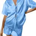 CHYRII Women's Silk Satin Pajamas Sets Tie Front Short Sleeve Tops and Shorts Two Piece Pj Sets Sleepwear (Blue, L)