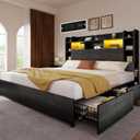 YITAHOME King Size Bed Frame with Bookcase Headboard and 4 Storage Drawers, RGB LED Bed Frame with Type-C & USB Charging Station Storage Headboard Beds, No Box Spring Needed, Noise Free, Black