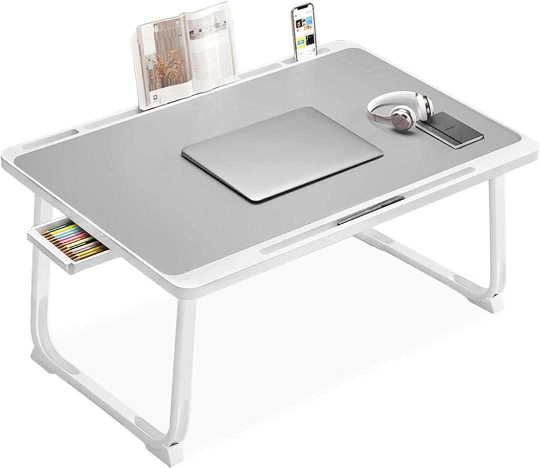 Extra Large 23 Inch Foldable Laptop Bed Desk with Storage Drawer & Bookstand, Portable Lap Tray Table for Bed Sofa Couch Floor, Multifunction Home Office Laptop Table
