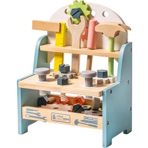ROBUD Mini Wooden Play Tool Workbench Set for Kids Toddlers - Montessori Toys for 3 4 5 Years Old Boys Girls