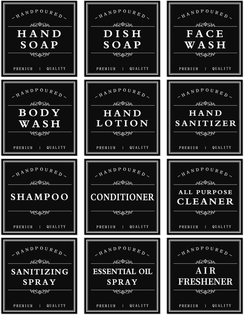 White Waterproof Soap Labels for Plastic/Glass Bottles, Bathroom/Kitchen Hand Soap Dispenser Label Stickers, Removable Cleaning Bottle Labels for Soap, Lotion, Shampoo Conditioner, 12Pack (Black)