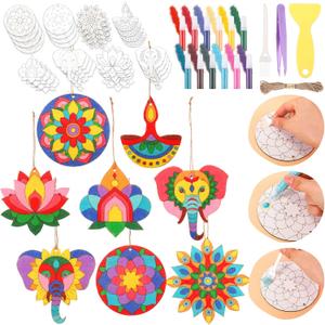 Weekgrat 24 Pcs 4 Inch Sand Painting Mandala Coloring Craft Kits Animal Wooden Sand Art with 12 Colored DIY Valentine Self Adhesive Painting for Party Gifts Fun Home Activities