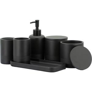 ZCCZ - Black Matte Bathroom Accessories Set 6 Pcs - Toothbrush Holder, Lotion Soap Dispenser, 2 Qtip Holder Dispenserr, Vanity Tray, Bathroom Tumbler - Decorative Countertop Vanity Organizer