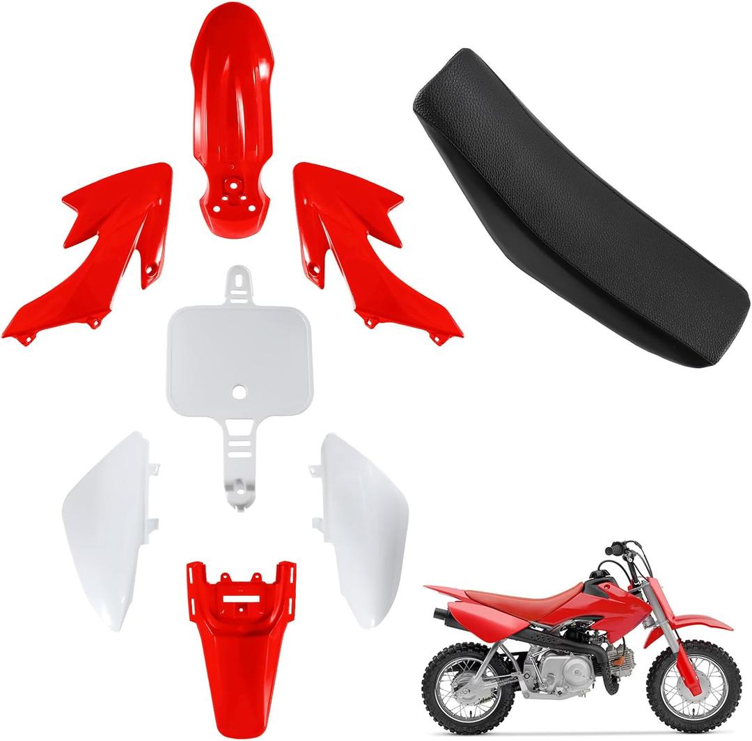 ABS Plastics Kit with High Elasticity Tall Seat, Pit Dirt Bike Plastic Fender, Thicker Plastics Compatible with Honda XR50R CRF50F XR50 CRF50 SDG SSR 50cc-110cc Pit Dirt Bike (Red & White)