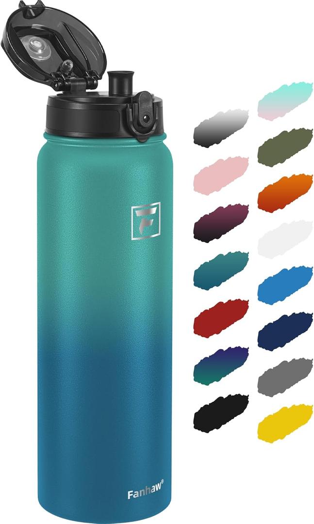 Fanhaw 32 Oz Insulated Stainless Steel Water Bottle - Chug Lid | Leak & Sweat Proof, Anti-Dust | For Kids, Women, Men (Green Blue)