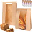 Moretoes 20 Pack Paper Bread Bags for Homemade Bread, 13.7x8.3x3.5 Inches, Sourdough Bread Bags with Tin Tie Tab and Clear Front Window, Includes 36 Label Seal Stickers