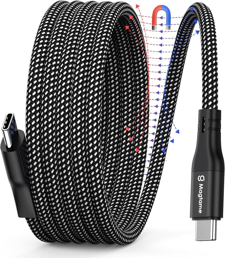 Magtame Magnetic USB C Cable, Coiled USB C to USB C Cable 60W(3A), 3.3ft Retractable USB C Cord, Nylon Braided Type C Fast Charging Cable Compatible with Phone 15,for Samsung,Pad,USB C Device, Black