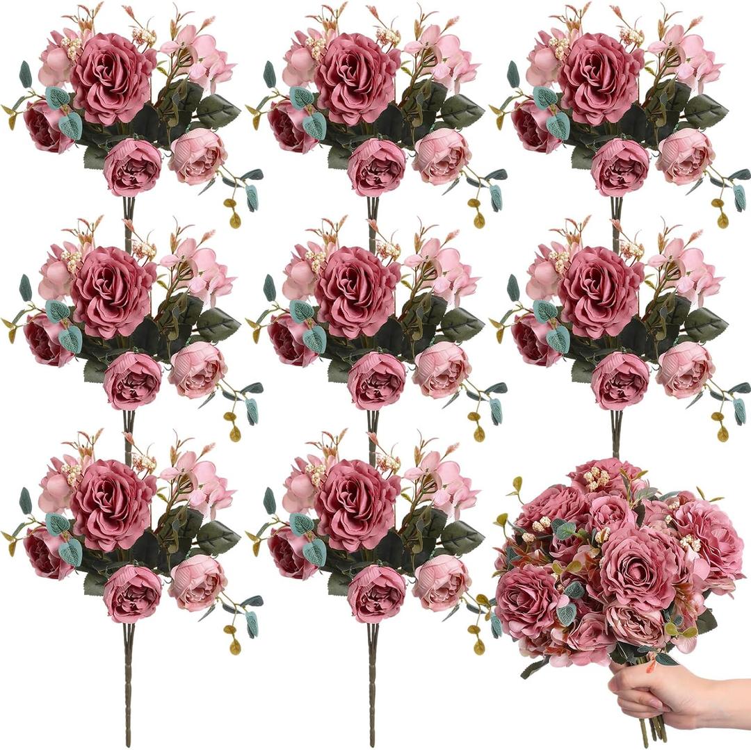 Yunsailing 8 Packs Artificial Peony Flowers Faux Silk Hydrangea Bouquet Vintage Wedding Home Table for Door Decor Reusable Bouquet of Rose Flowers for Valentine Wedding Birthday Party(Dark Pink)