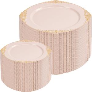 200PCS Pink and Gold Plates - Pink Plastic Plates - Fancy Disposable Plate with Gold Rim - Vintage Wedding Dinner & Dessert Plate for 100 Guests for Wedding & Party & Bridal Shower