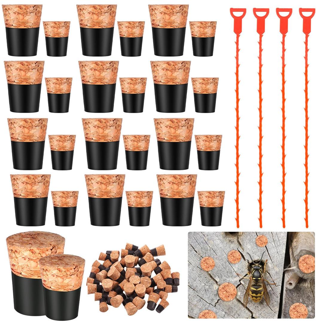 Gerrii 54 Pcs Carpenter Bee Hole Rubber Cork and Stake Kit Small Mini Rubber Soft Wood Corks Tapered Carpenter Bee Plugs Bees Fence Kit for Outside Repair(Trumpet, Mixed Sizes)