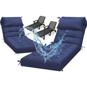 Waterproof Lounge Chair Cushion Set of 2, Outdoor Fade Resistant Chaise Lounger Replacement Cushions with 6 Ties, Thickened Memory Foam Pool Lounge Chair Cushions, 76 x 22 x 4.7 Inches, Blue
