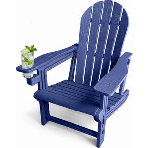 Adirondack Chair with Cup Holder,Tool-Free Assembly,No Screws Needed,All-Weather HDPE Plastic Outdoor Patio Chair,Wood-Grain Slatted Look,Easy to Take Apart for Storage,Fire Pit Chairs（Navy blue）