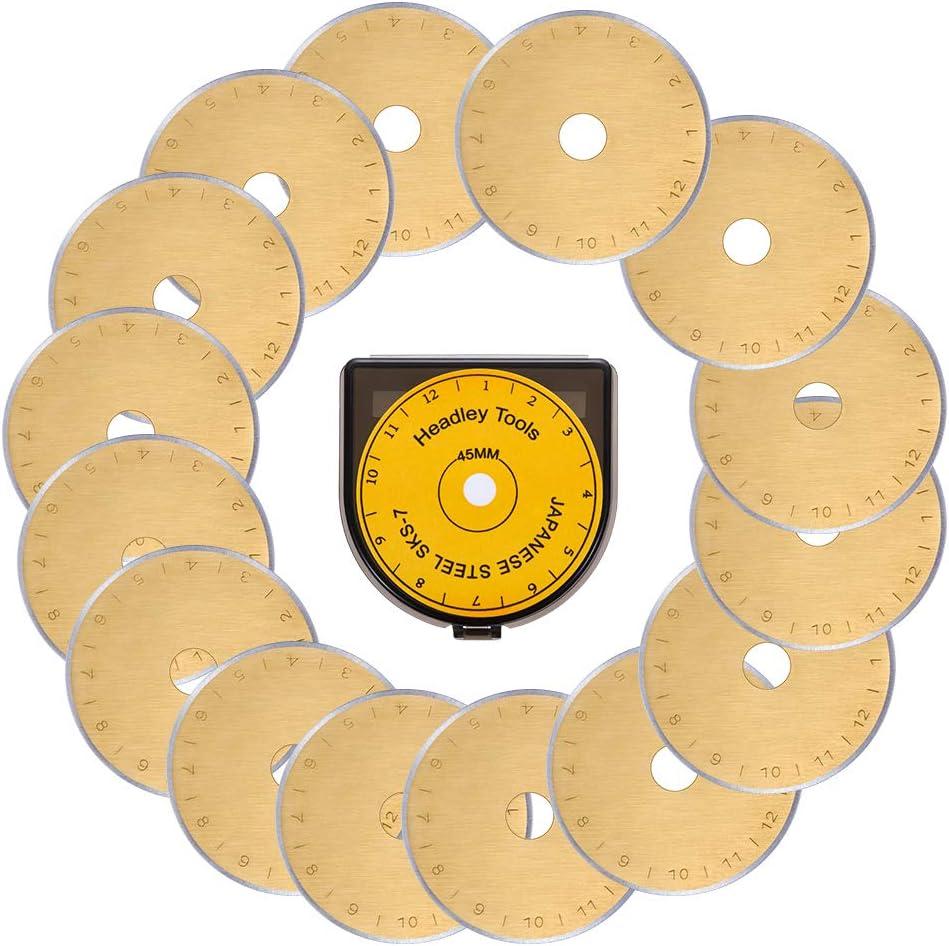 HEADLEY TOOLS Titanium Coated 45mm Rotary Cutter Blades 15 Pack Fits Olfa, Fiskars, Replacement Rotary Blade for Arts Crafts Quilting Scrapbooking Sewing, Sharp and Durable