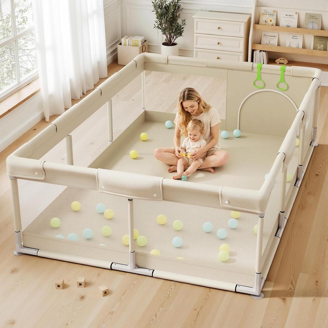 Uanlauo Baby Playpen for Babies and Toddlers, 71×47in Large Playpen, Beige