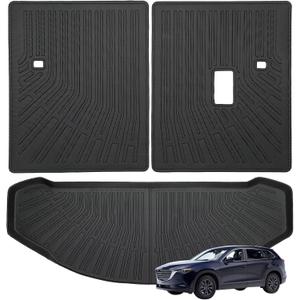 Priprilod Trunk Cargo Liner & Backrest Mat Custom Fit for Mazda CX-9 2016-2023, All Weather TPE Rear Cargo Mat with Seat Back Protector, Waterproof Non-Slip 3PCS Set
